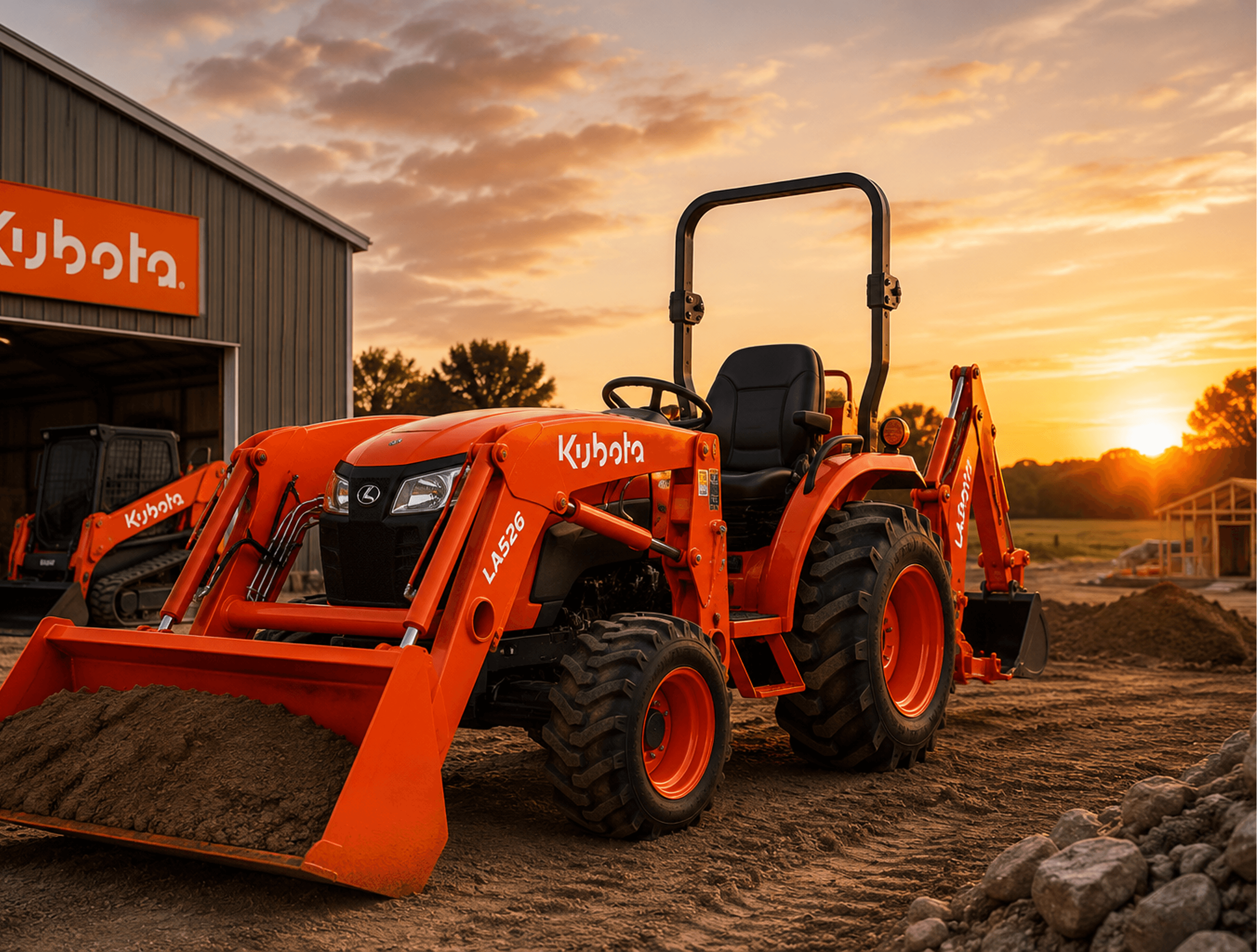 Orange Kubota tractor at a dealership at sunset