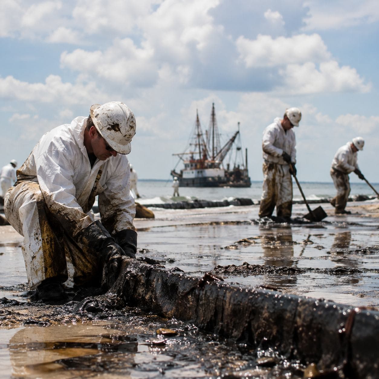 Workers removing oil from the shoreline