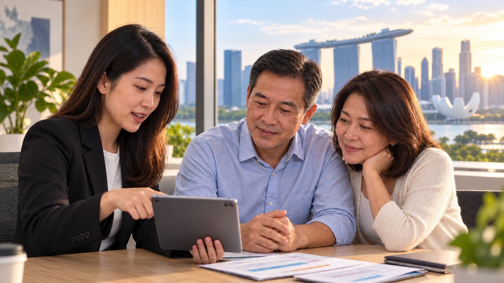 Advisor showing a couple information on a tablet