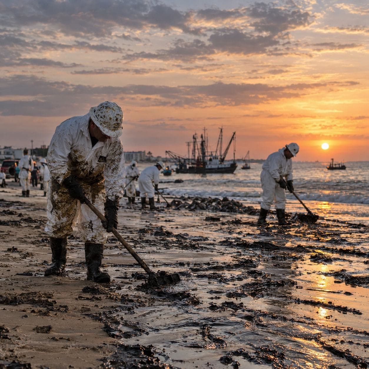 Cleanup workers on a beach affected by an oil spill