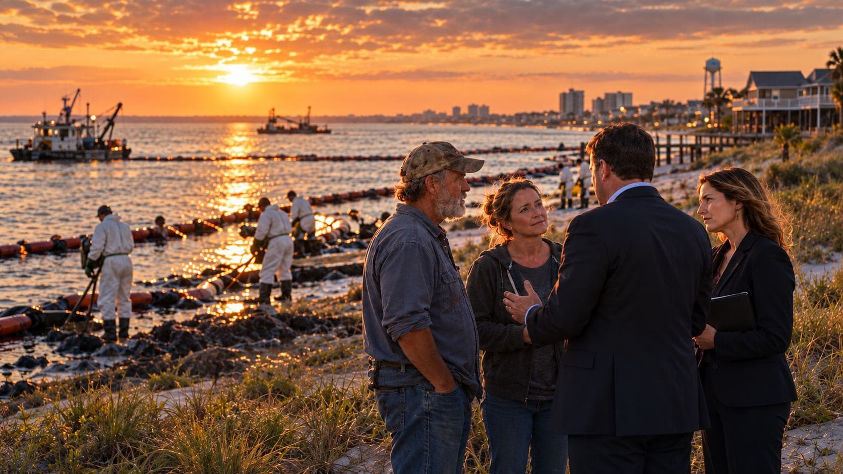 Attorneys meeting people along an oil-affected coast