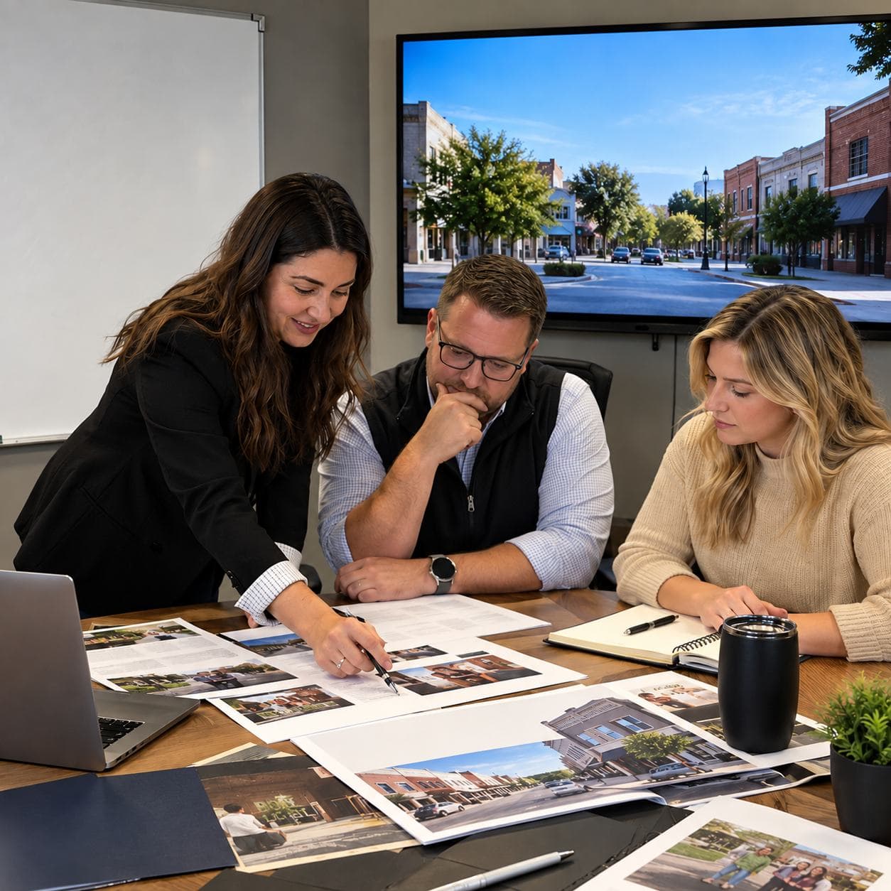 Team reviewing PointBank brand materials
