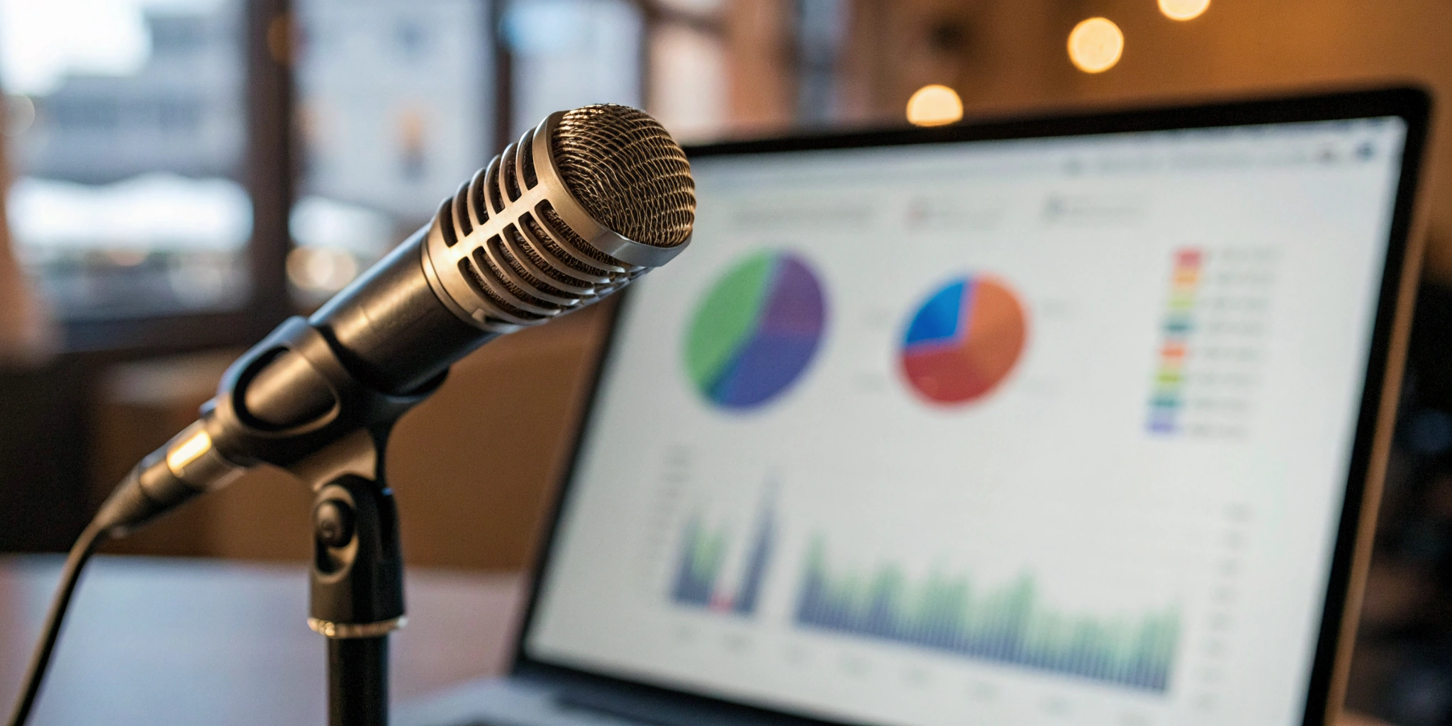 A podcast microphone and a laptop with a chart showing sponsorship rates.