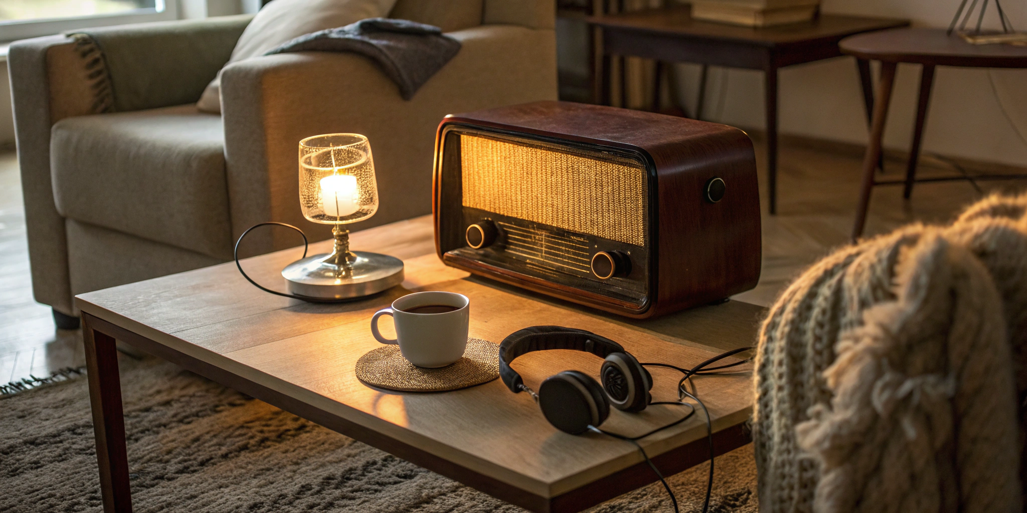 A vintage radio and headphones on a table for exploring iHeartRadio stations.